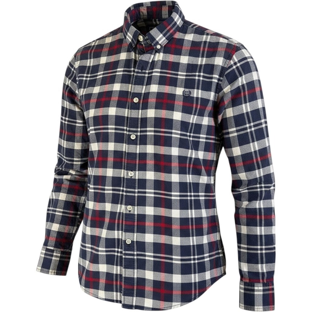 Chaps Mens Stretch Oxford Plaid Button Down Shirt Navy Red White Size M